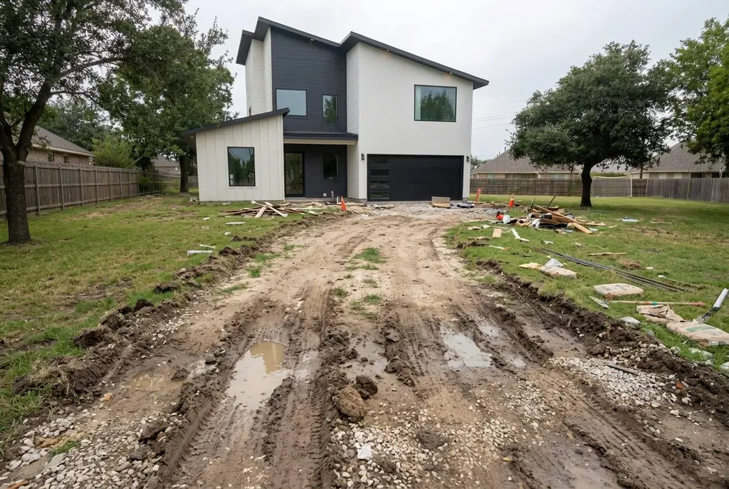 Modern two-story Cypress home with a rutted dirt drive path before concrete work