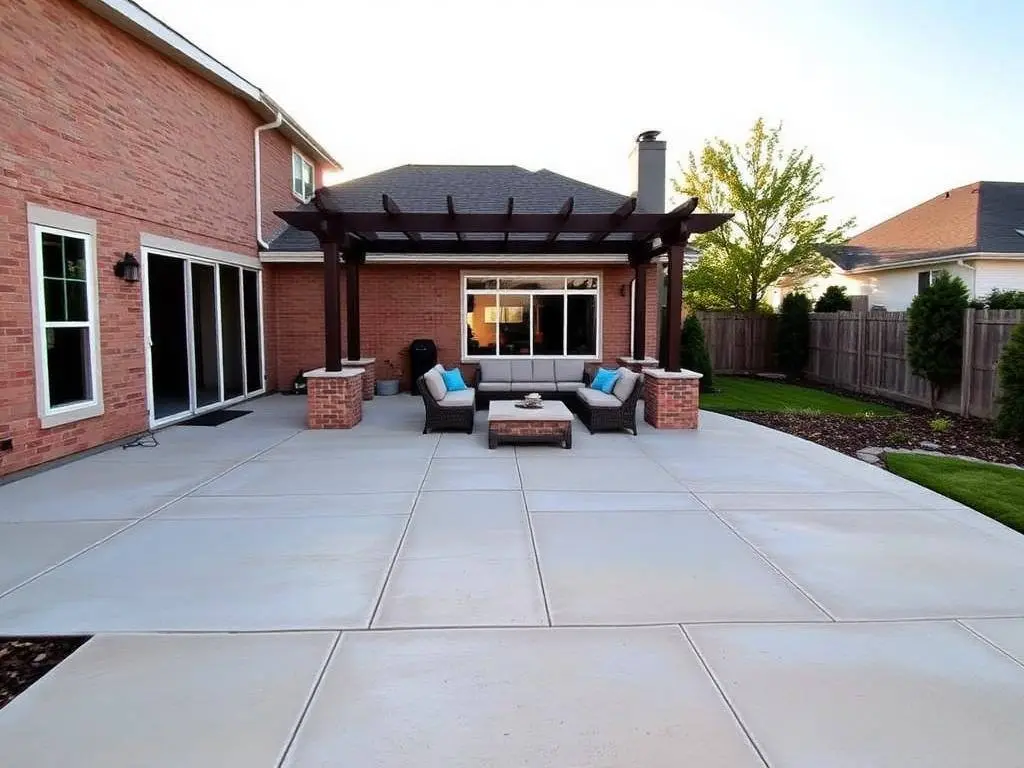 The same brick home backyard after the concrete patio was expanded with a seating area