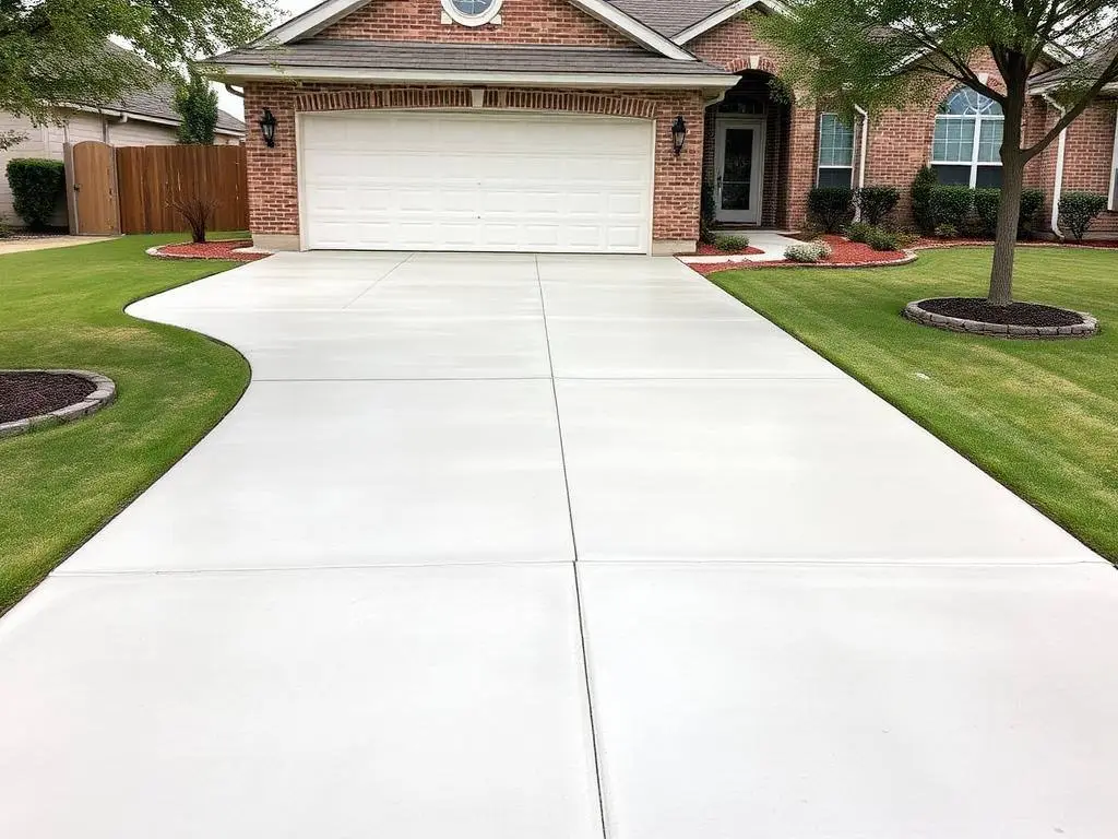 Newly poured concrete driveway with clean saw-cut joints leading to a garage at a Cypress area home