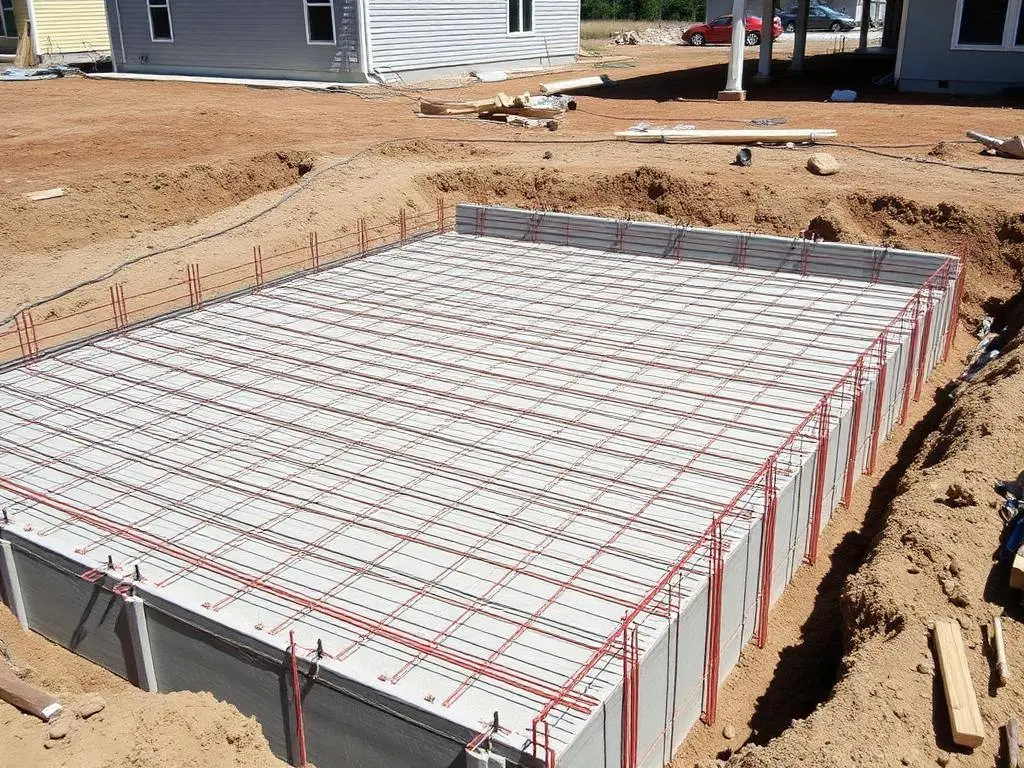 Formed slab foundation with rebar reinforcement grid ready for a concrete pour