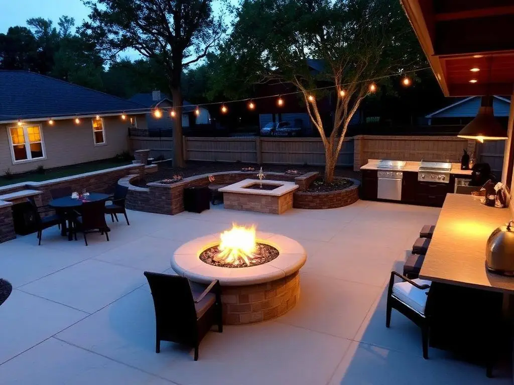 Backyard outdoor living area with a concrete deck, fire pit, and outdoor kitchen at dusk