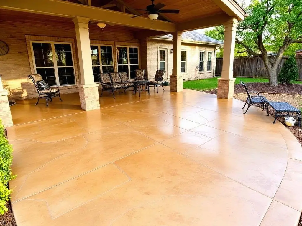 Finished stamped concrete backyard patio under a covered porch at a Texas home