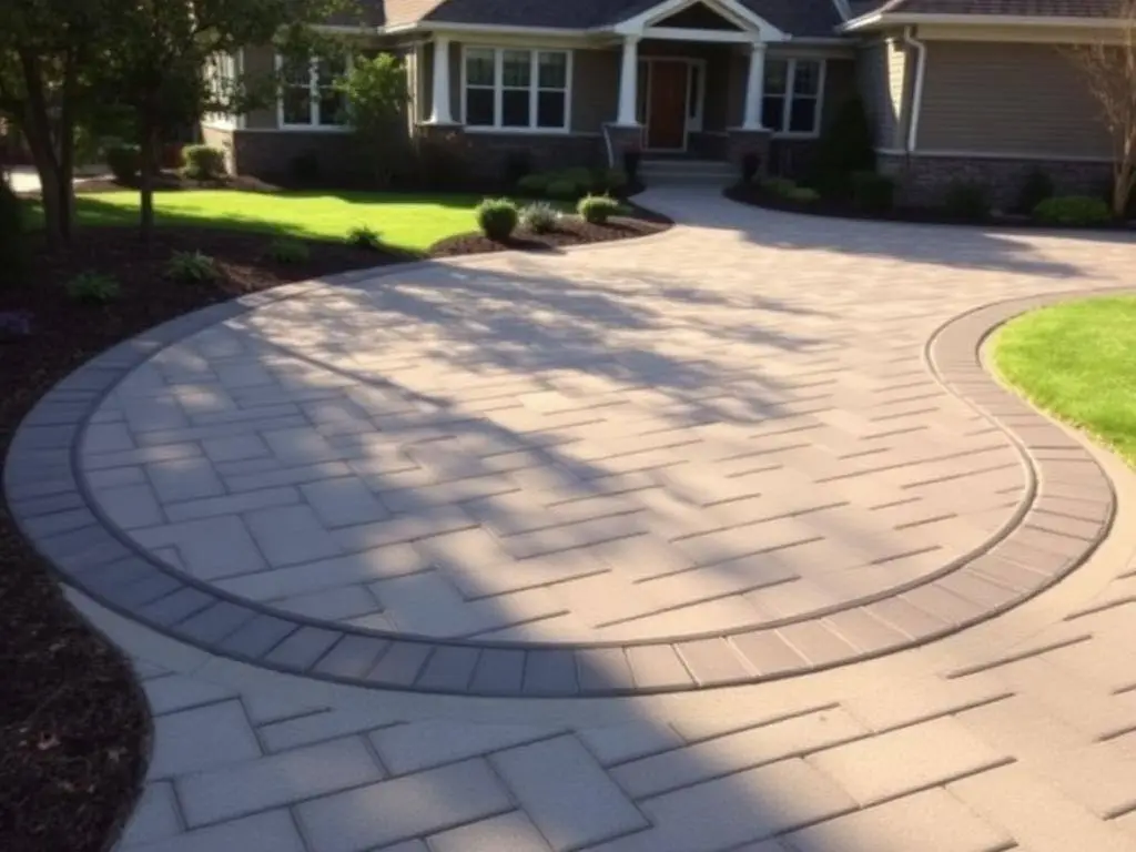 Interlocking concrete paver driveway with a contrasting soldier course border