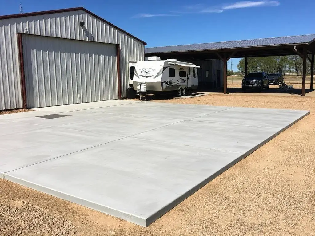 Reinforced concrete RV parking pad next to a metal workshop building on an acreage property