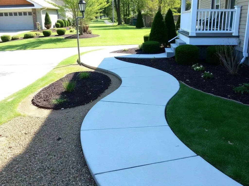 Curved concrete walkway connecting a driveway to a front porch through landscaped beds